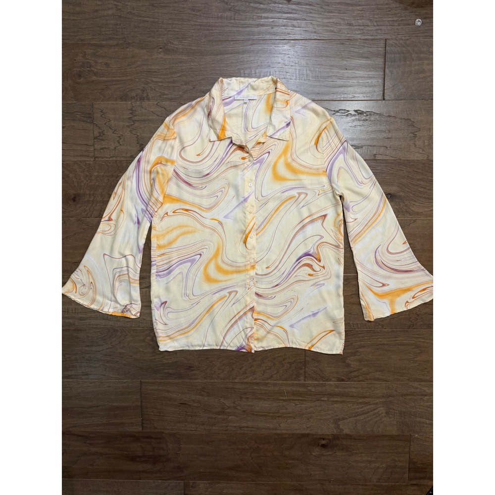Olivaceous Orange Purple Marble Retro Bell Sleeve Button Up Shirt S 2200-718LTH